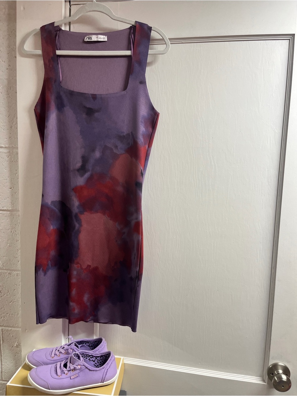 2 pc set! Zara Purple & Red Tie-Dye Square Neck Slip Dress/sketchers shoes